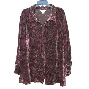 CJ Banks Womens 3X Paisley Burnout Velvet Blouse Burgundy Devore Button Up Top